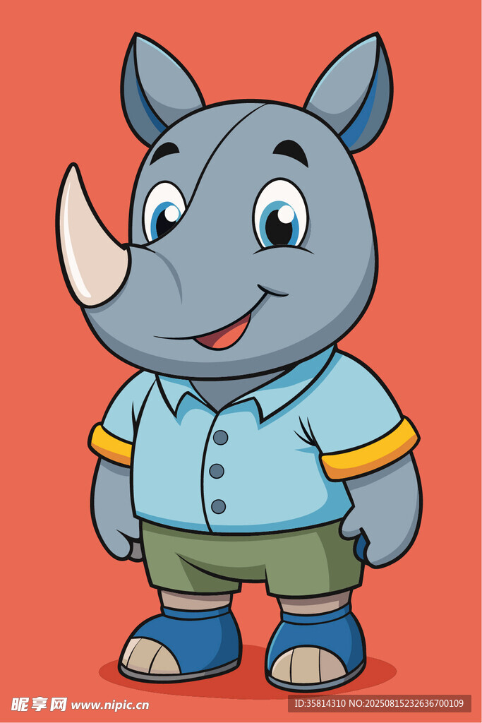 卡通犀牛形象穿着蓝色上衣