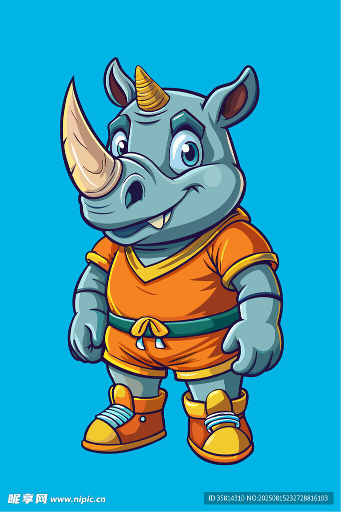 卡通犀牛形象着橙色服饰