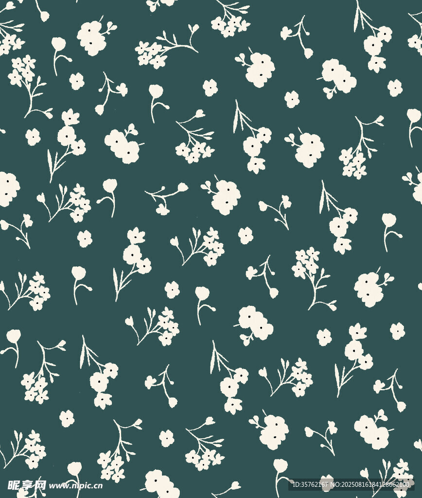 深绿底小白花清新花卉图案