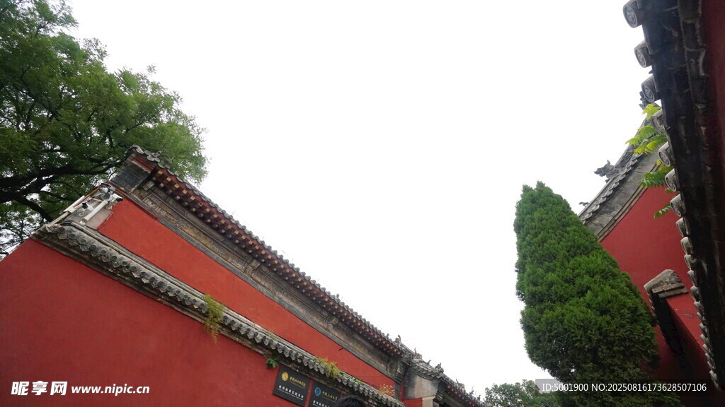 红墙绿树间的中式建筑