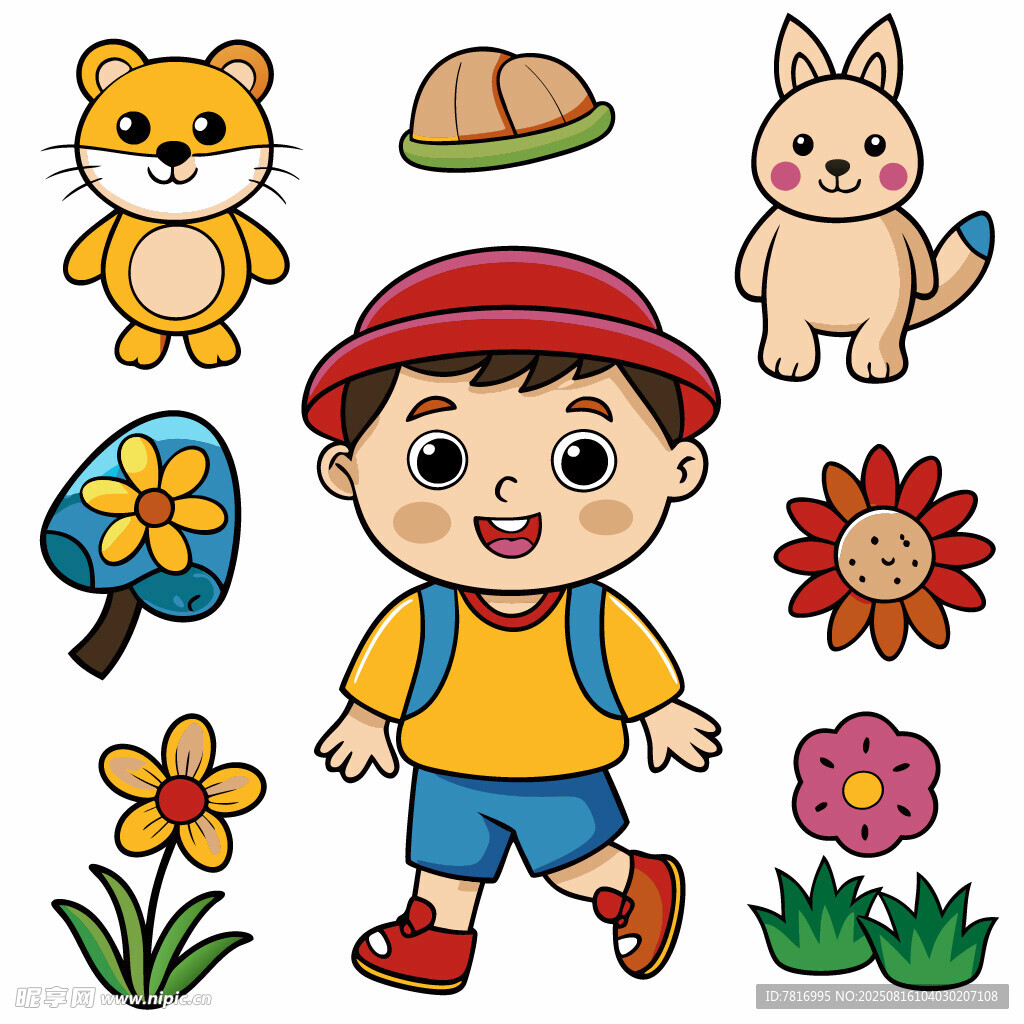 小男孩与可爱动植物集合