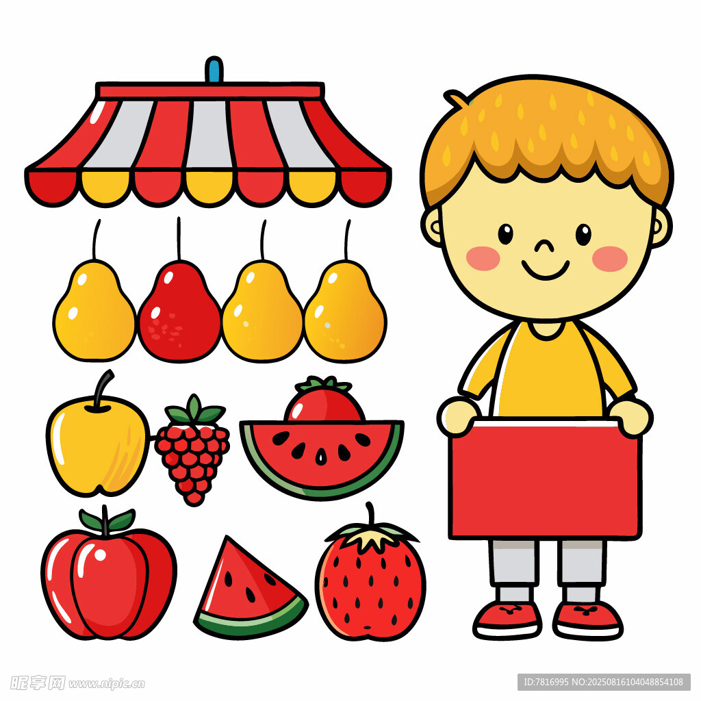 男孩与多样水果摊位