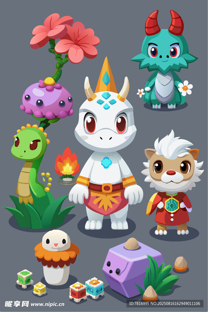 可爱奇幻小动物与蘑菇元素
