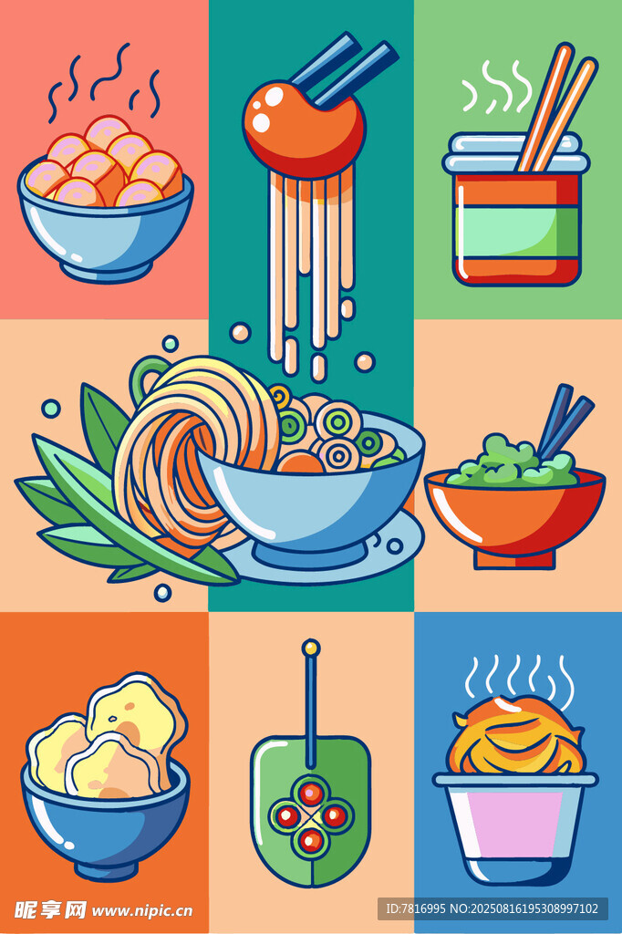 多彩面食美食插画展示