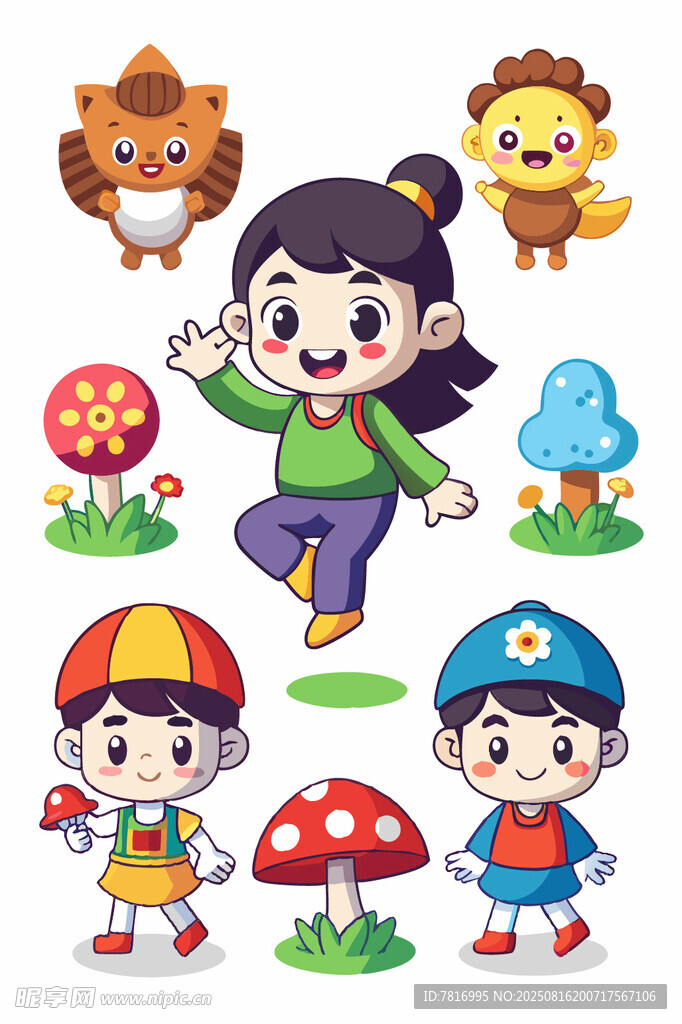 儿童与动物的欢乐卡通场景