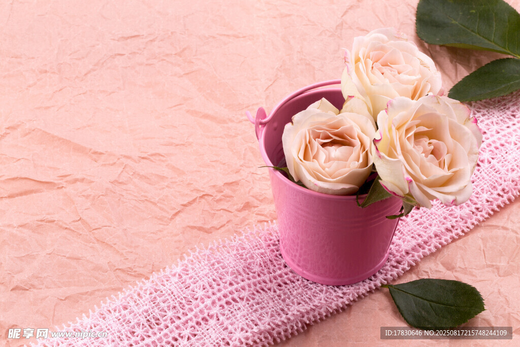 粉色花束置于粉色容器中