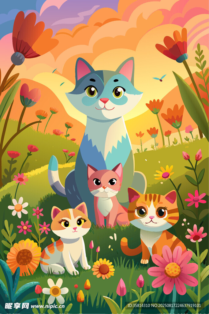 田园中的可爱猫咪一家