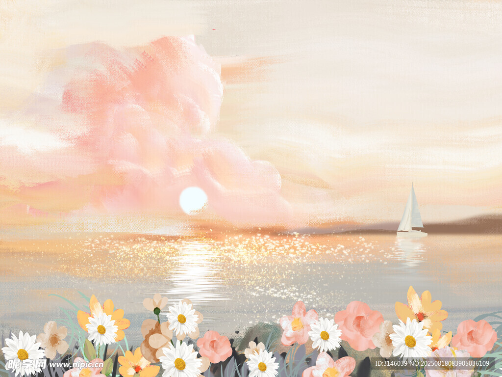 海边花海与梦幻云彩景色