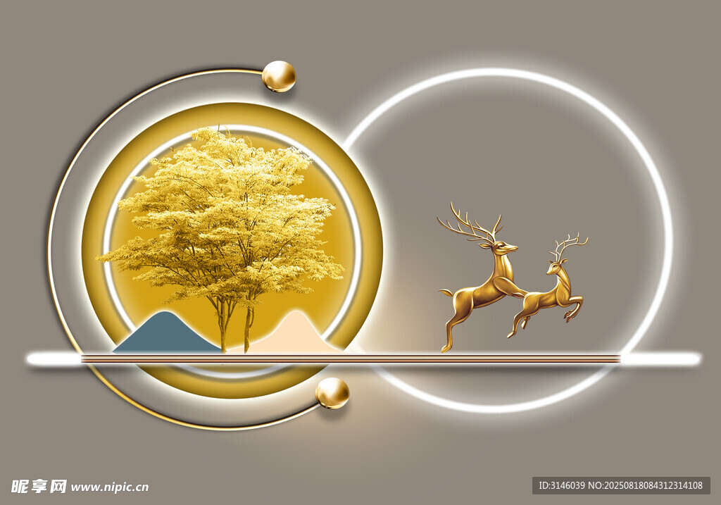金色圆环中的自然祥瑞图景