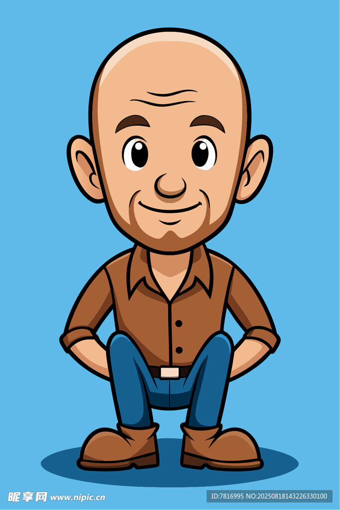 微笑的光头男子蹲姿形象