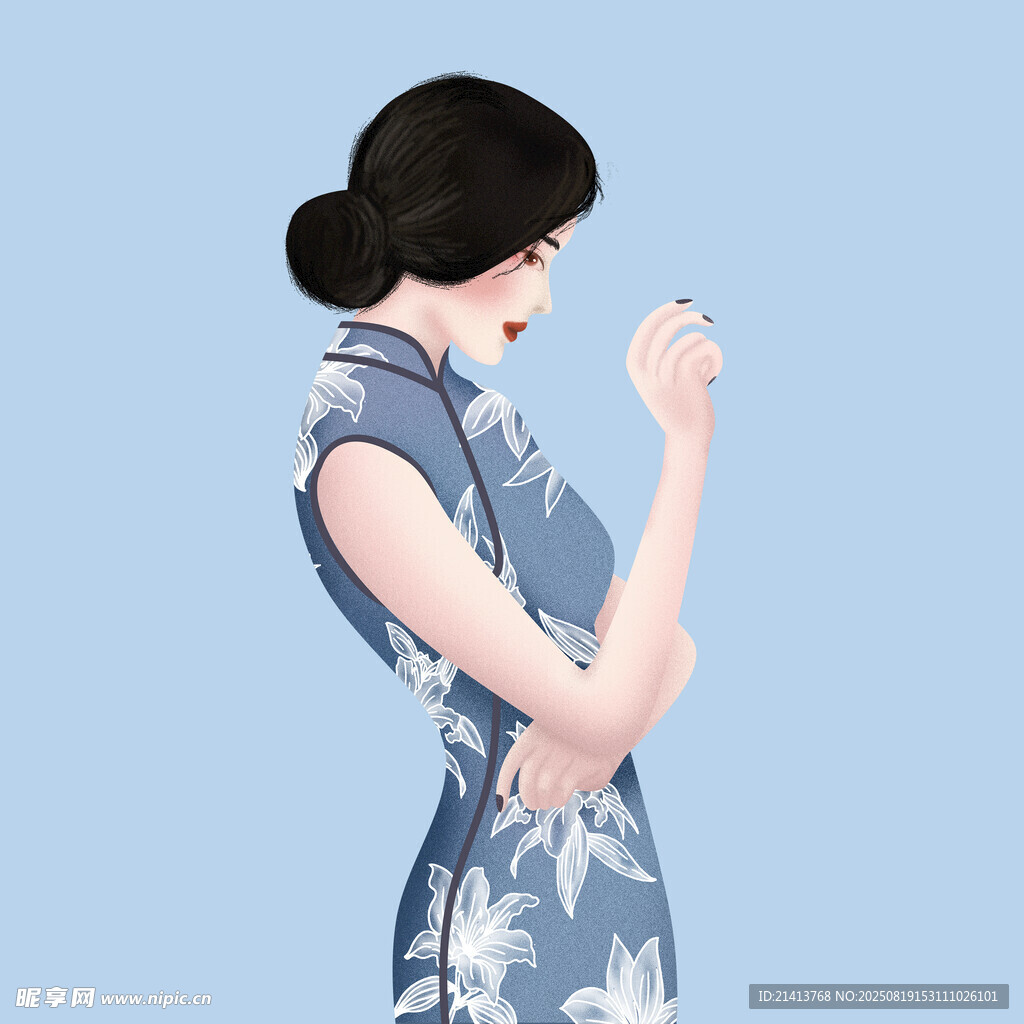 优雅旗袍女子低头轻嗅