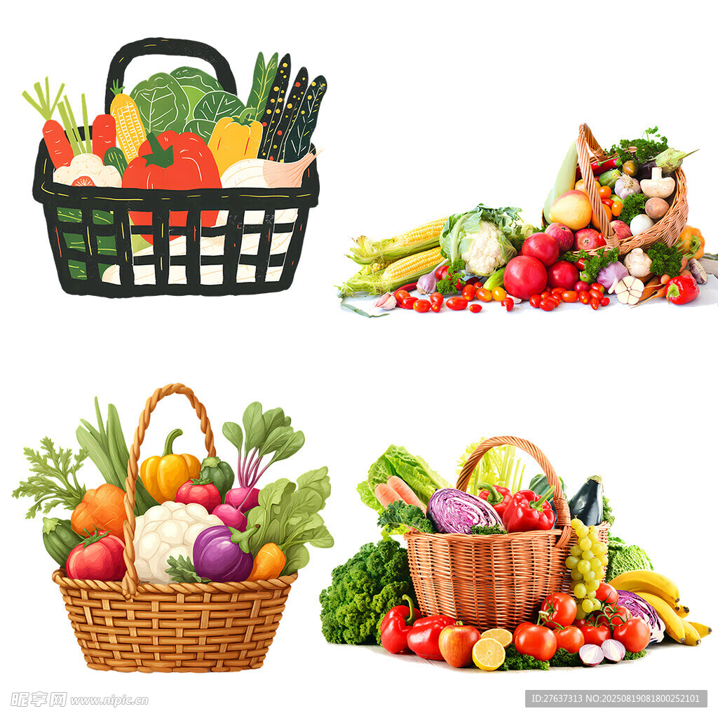 多样蔬菜装满购物篮与筐