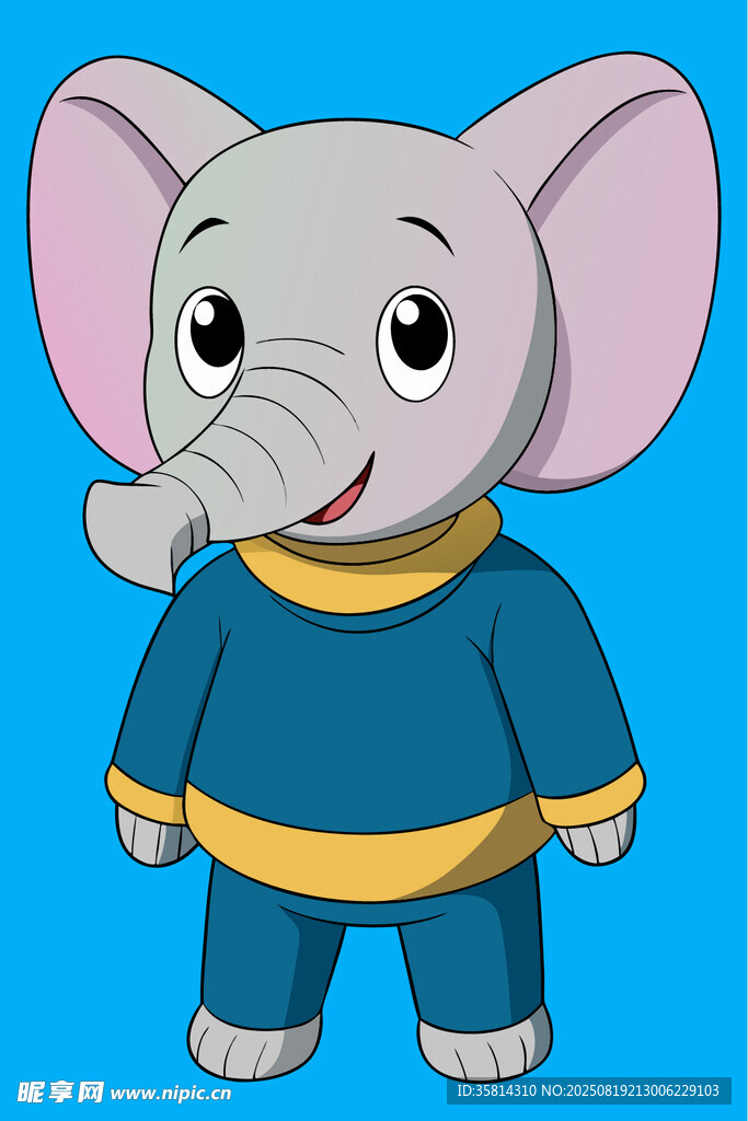 卡通小象穿着蓝色服装