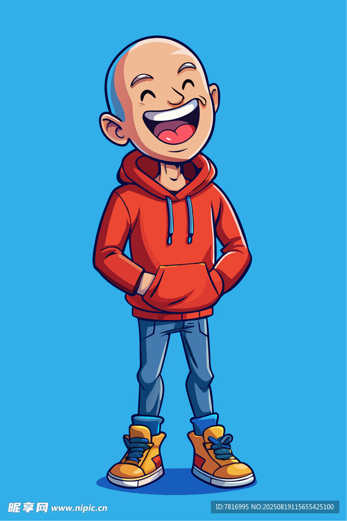 穿红卫衣的开心光头男子