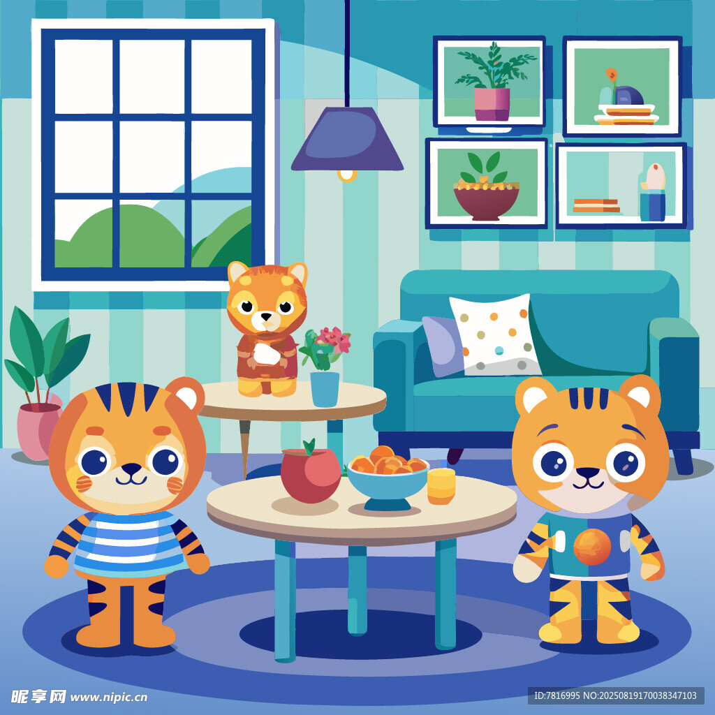 客厅里玩耍的可爱小老虎