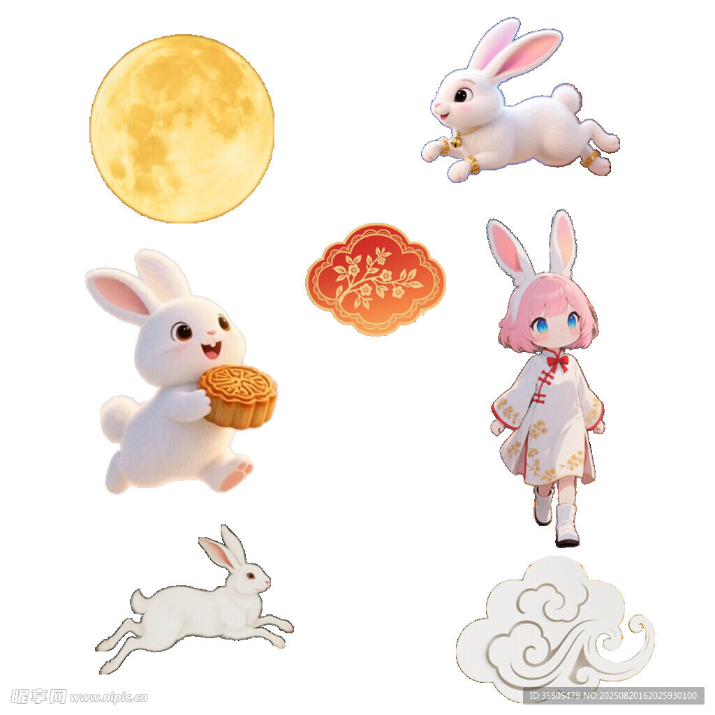 中秋玉兔元素插画素材 兔子月亮