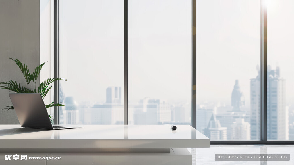 窗边绿植城市景观办公一角