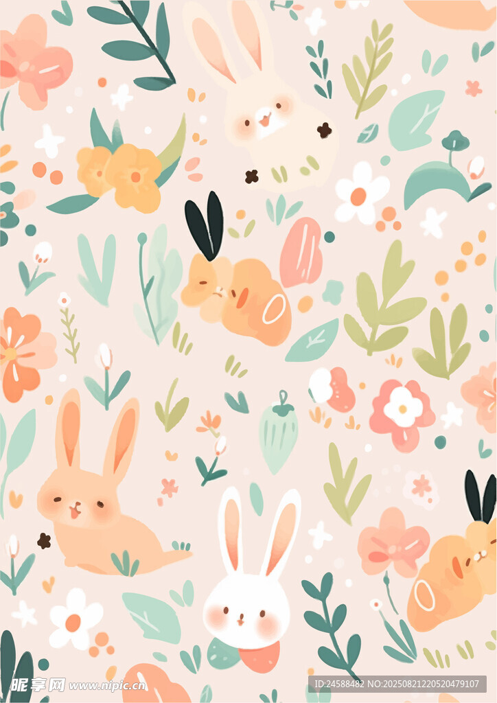 手绘卡通插画动物花草印刷打印图