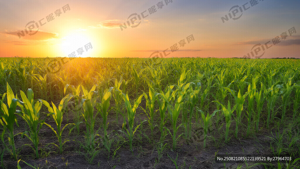 玉米田 青玉米苗 夕阳