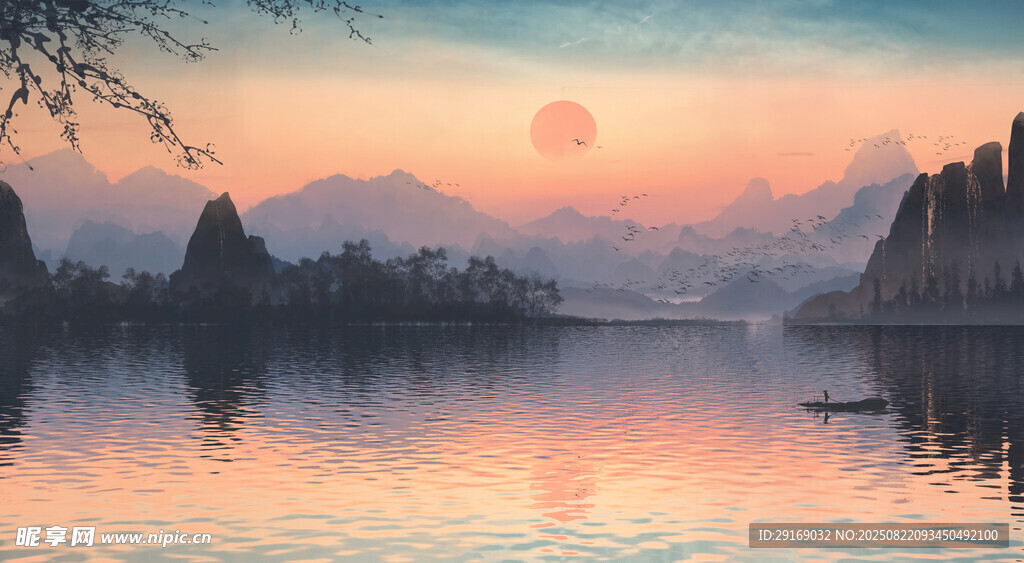 夕阳下的宁静山水湖景