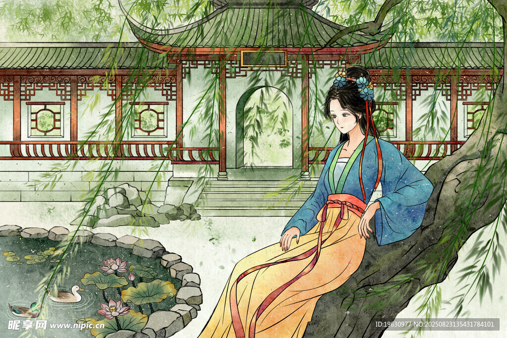 古风女子倚树赏景