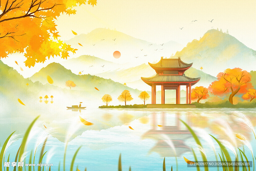 秋日湖畔古亭美景