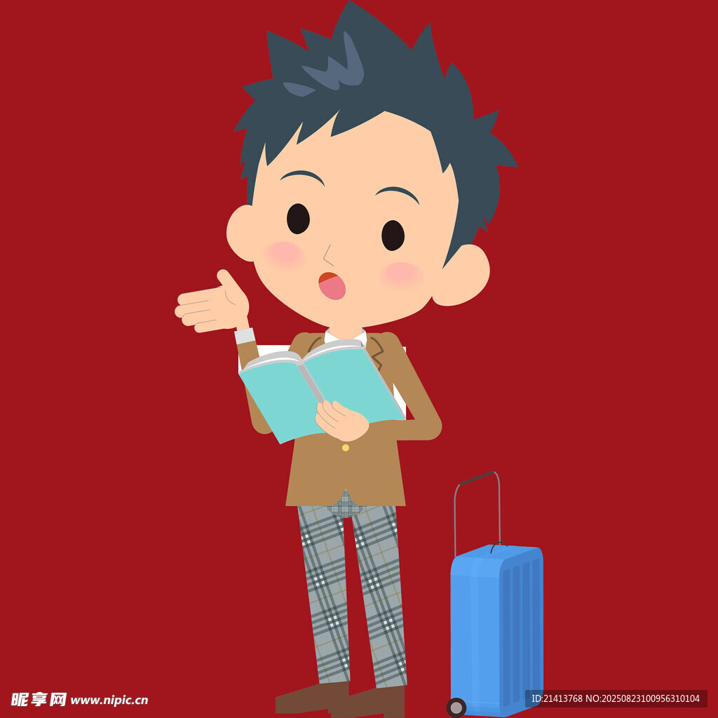 男孩手持书本与行李箱