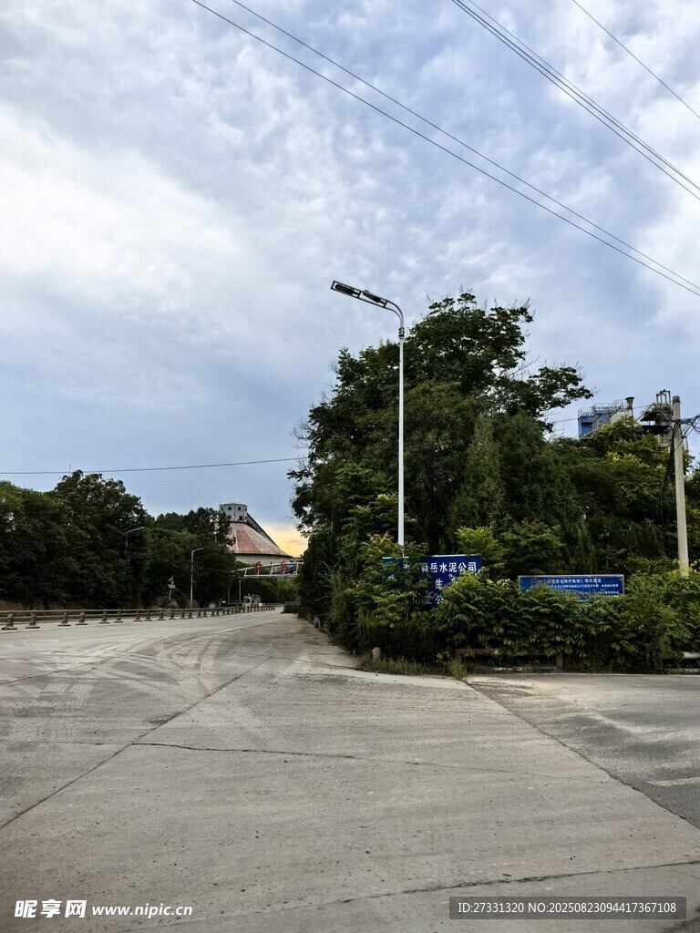 空旷道路旁的绿植与路灯