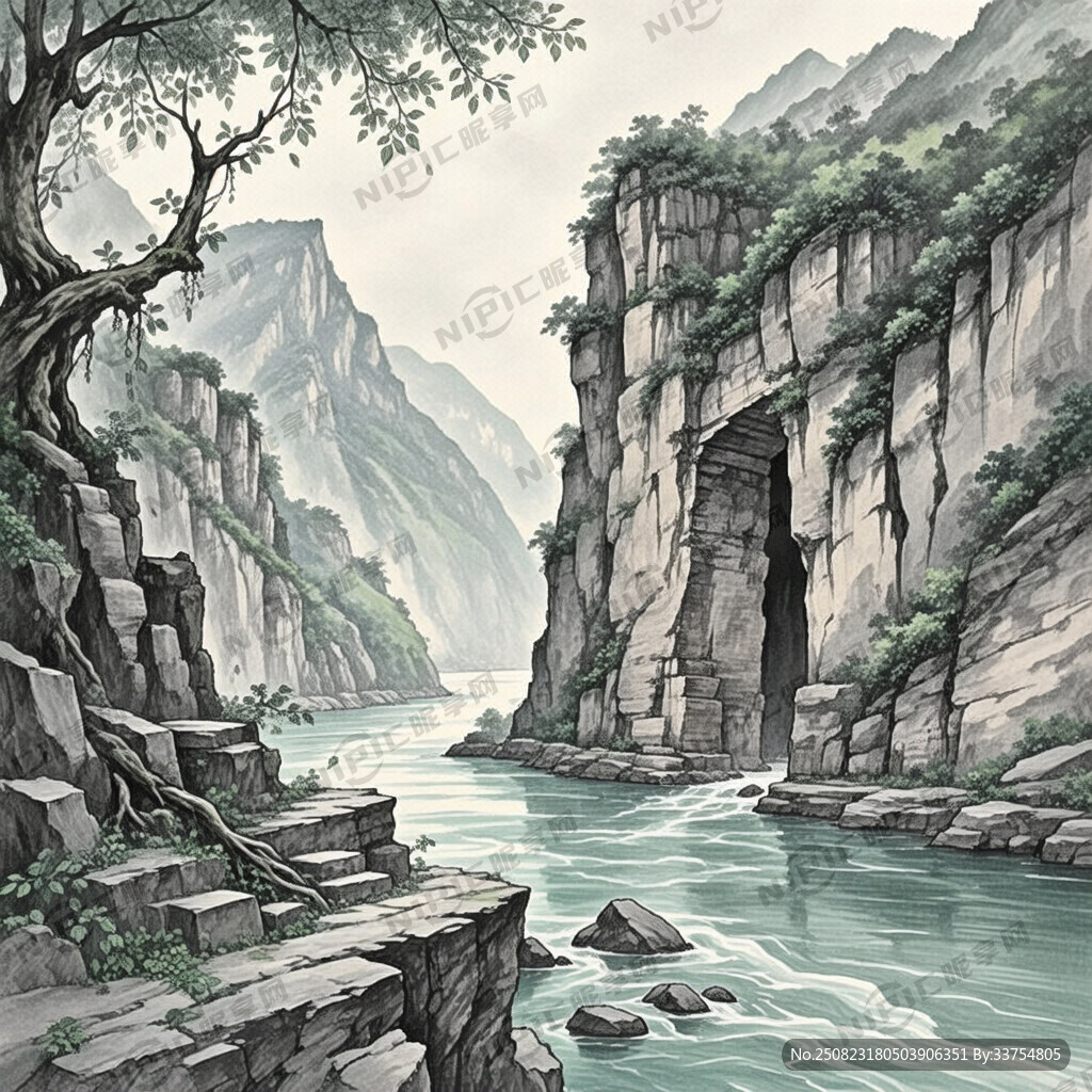 三峡夔门 中国风 素描