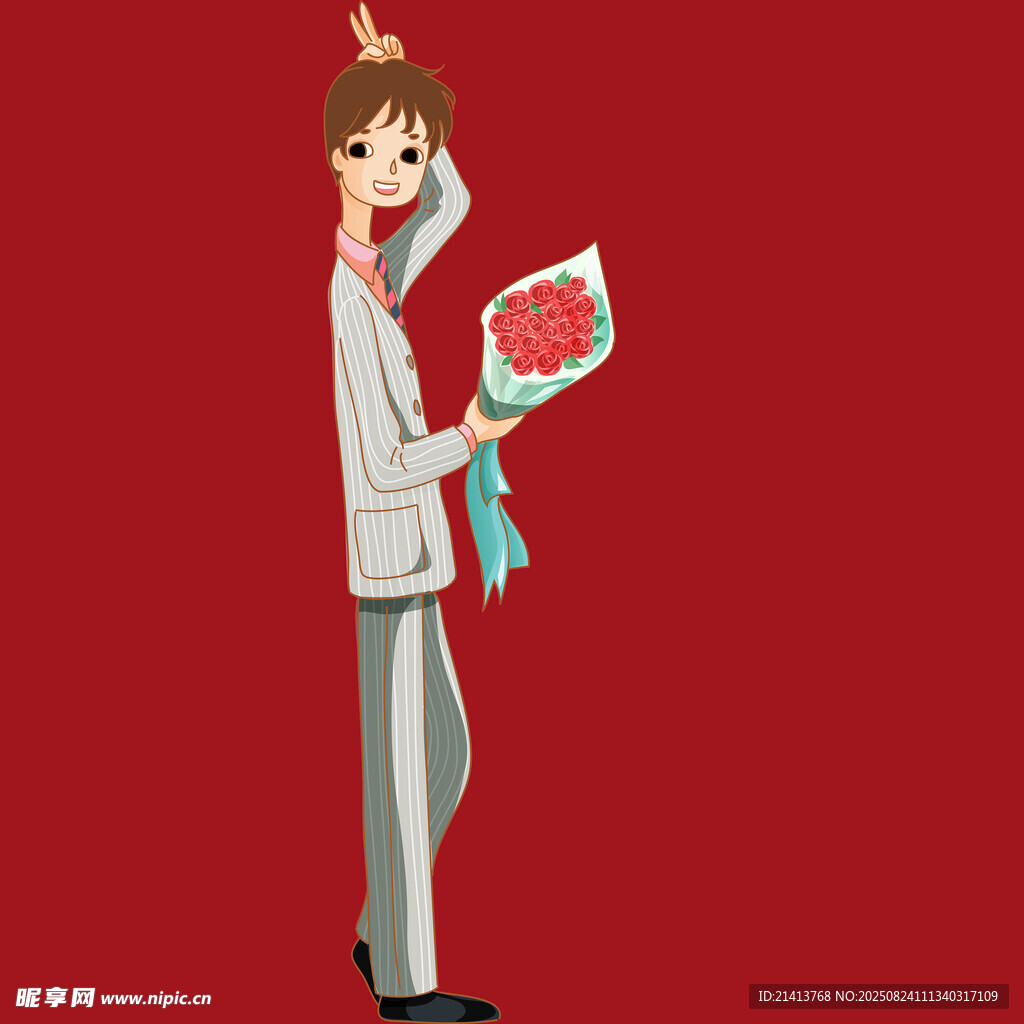 手持鲜花的卡通浪漫人物