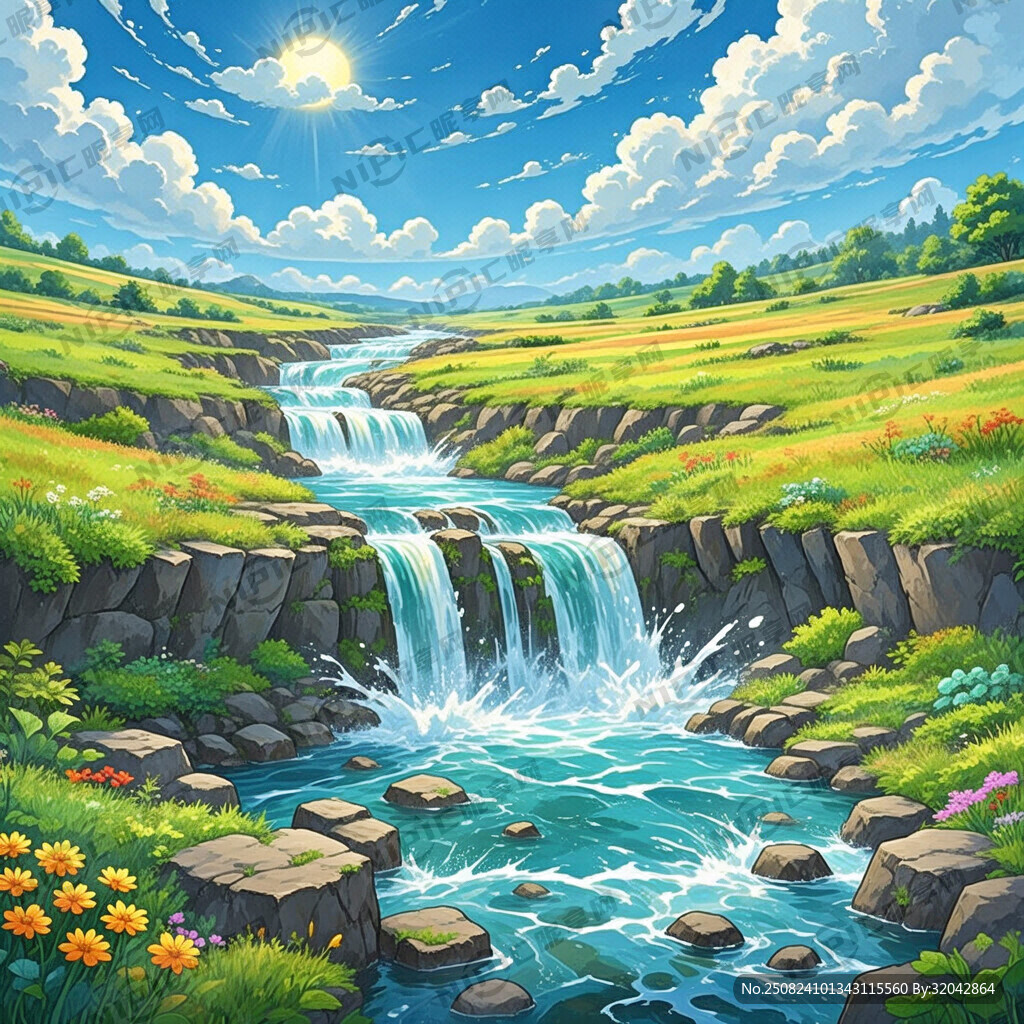 瀑布河流 平原草地 自然风光