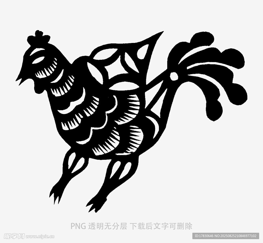传统剪纸风的黑色公鸡形象
