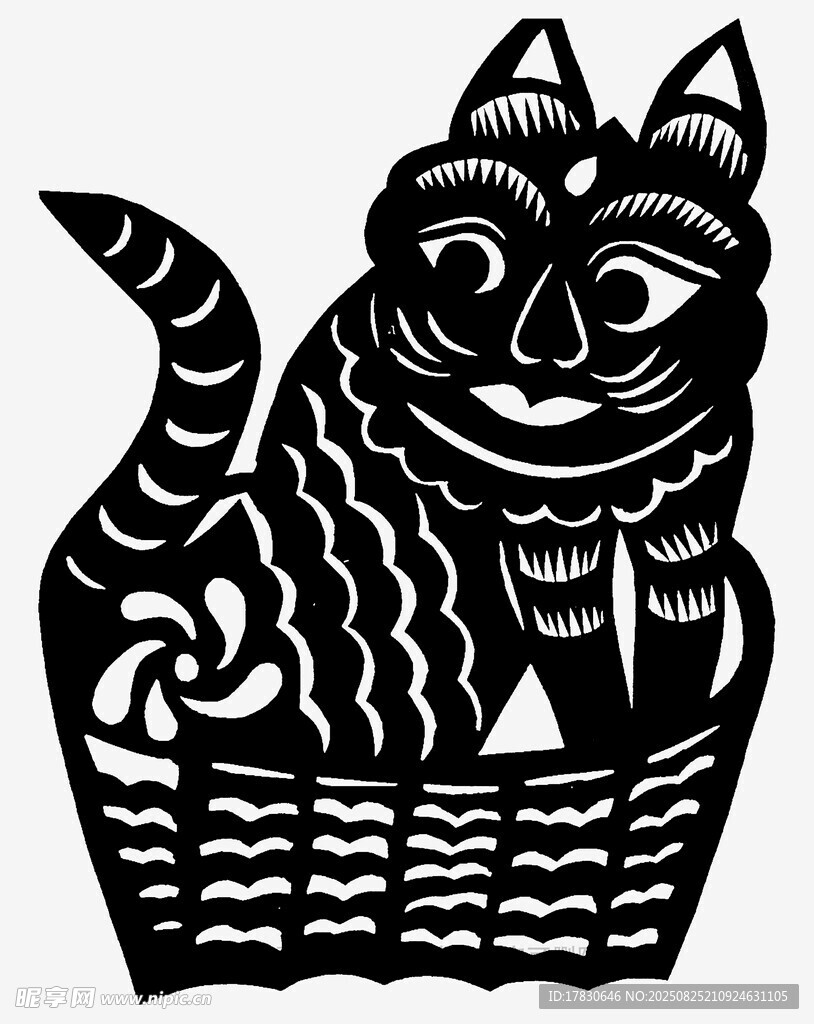 剪纸黑猫坐于篮中