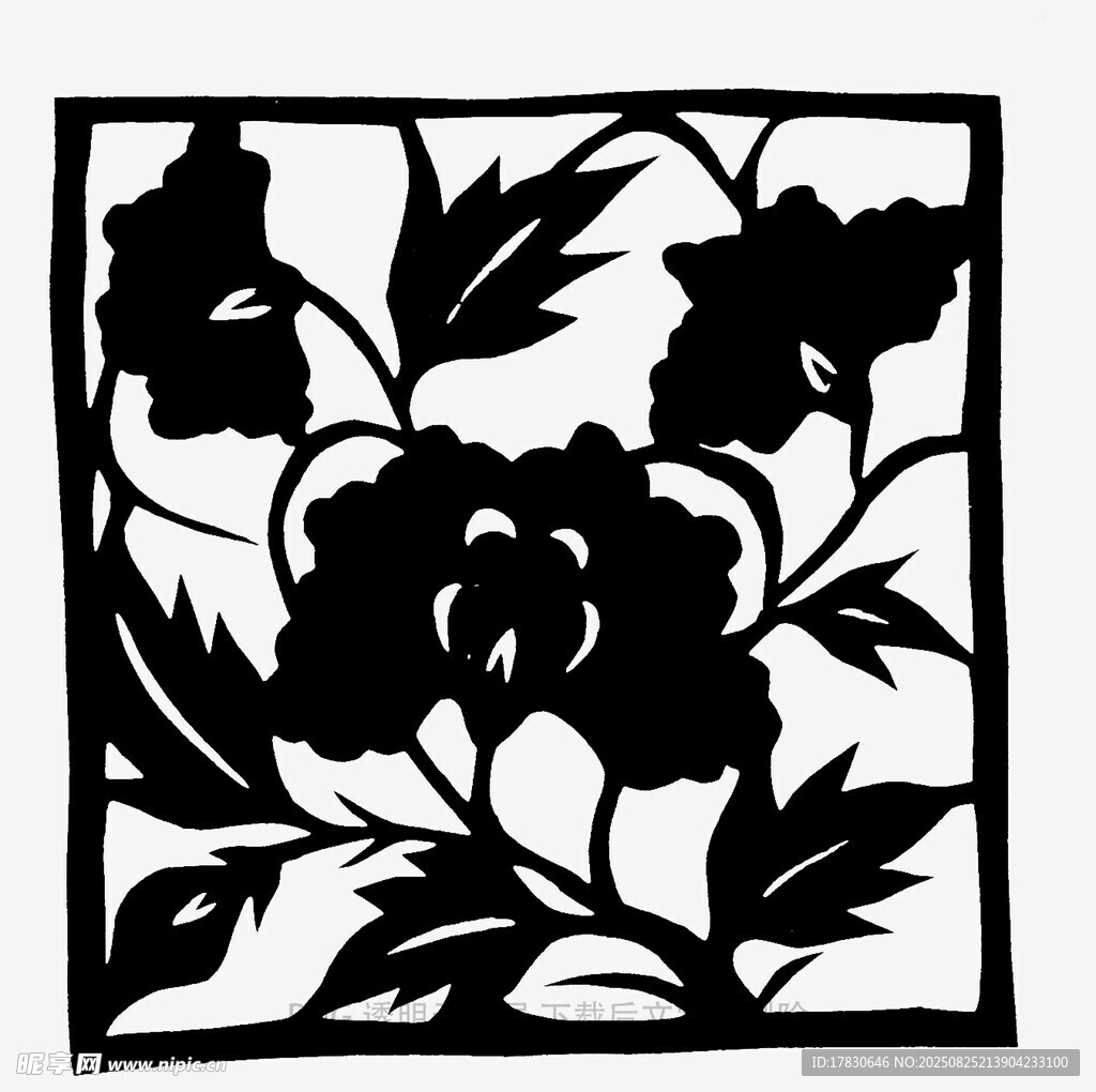 中式牡丹花卉剪纸图案