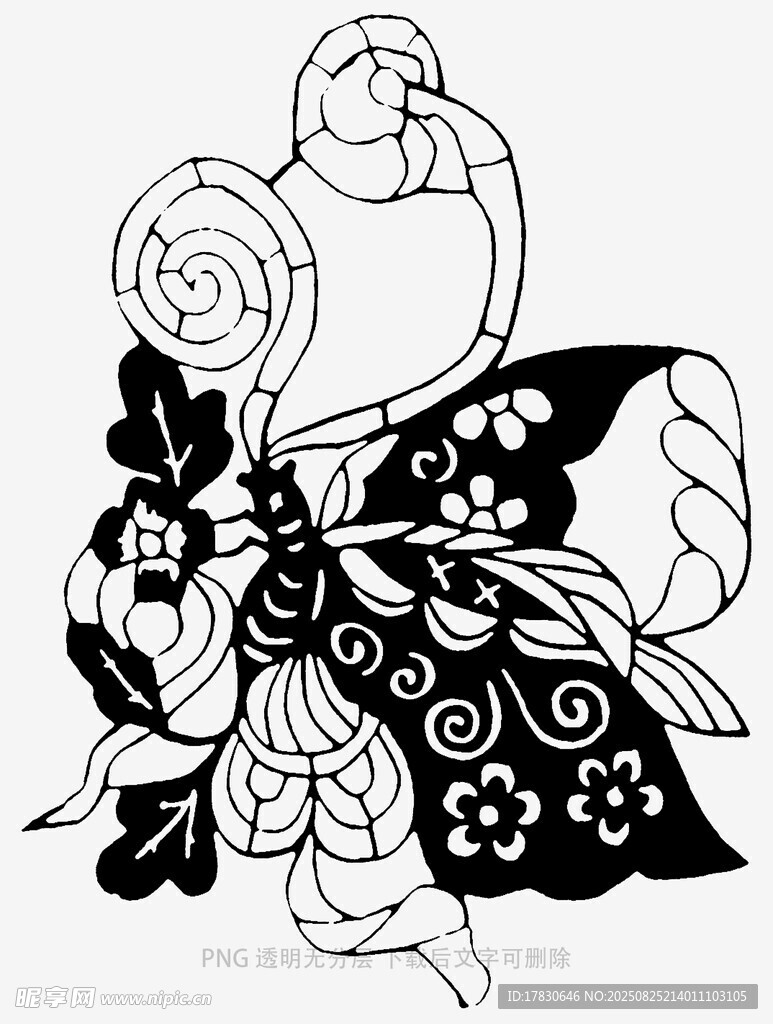 黑白蝴蝶花卉图案插画