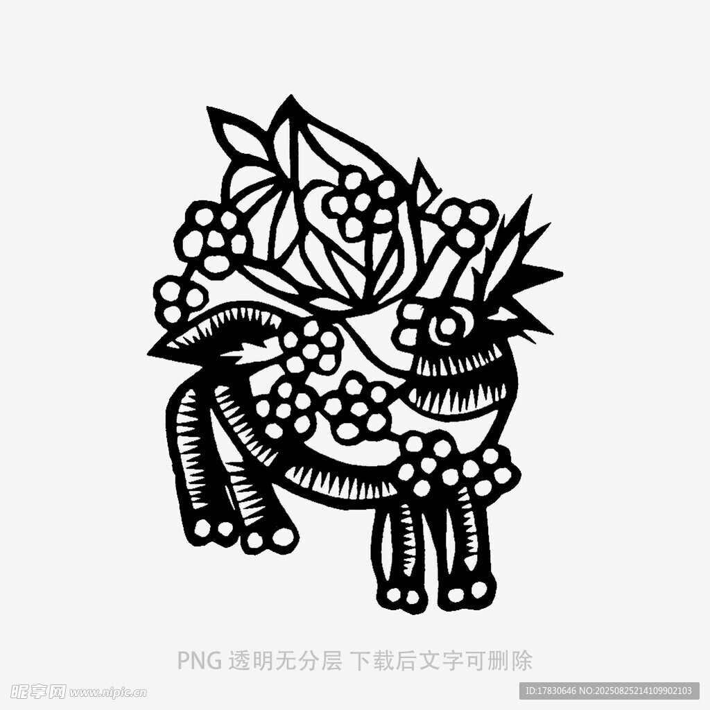黑白剪纸风花瓶插花图案