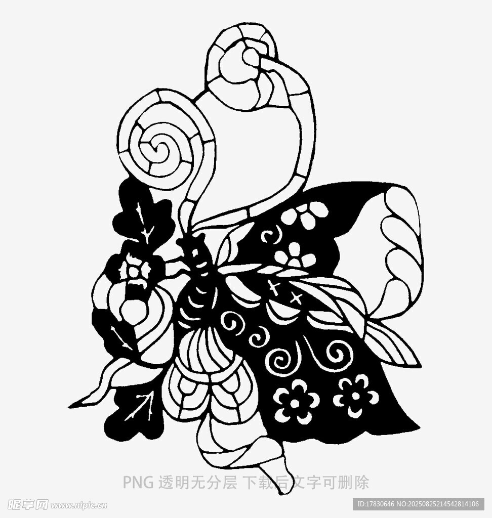 黑白花卉蝴蝶装饰图案