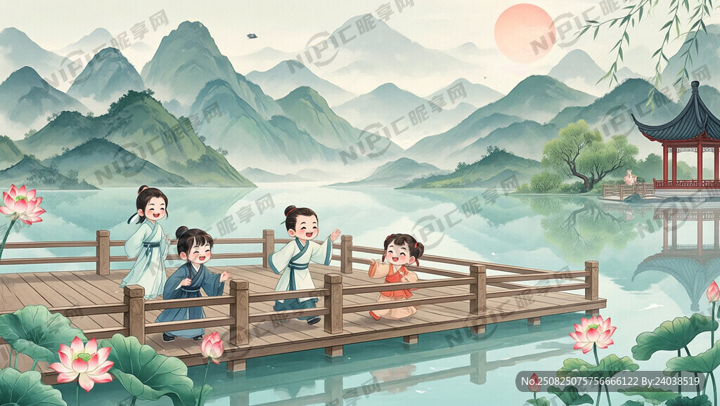 荷花岸边、栈道护栏、中国画风格