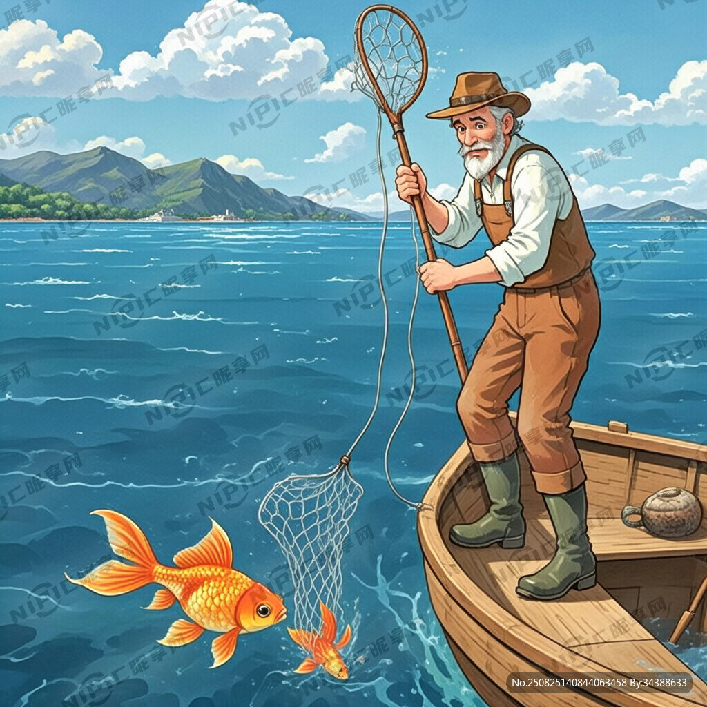 农夫与金鱼的故事 渔夫站在船上