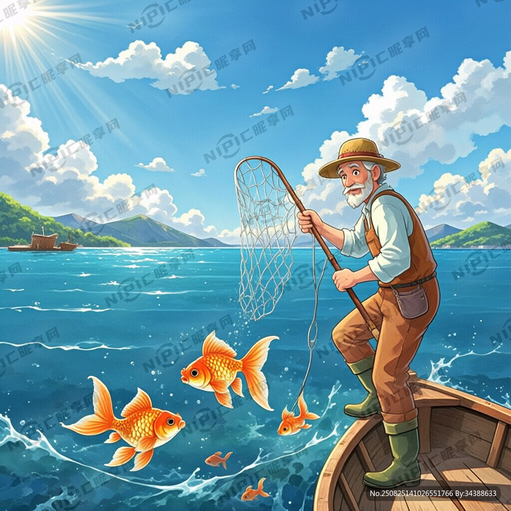 农夫与金鱼的故事 渔夫站在船上