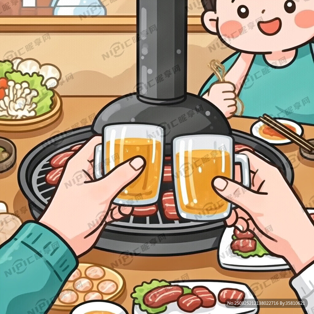 吃烤肉的人手上拿着酒卡通插画