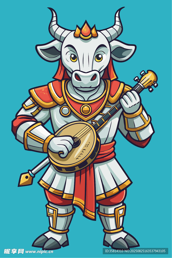 卡通牛形象演奏传统乐器