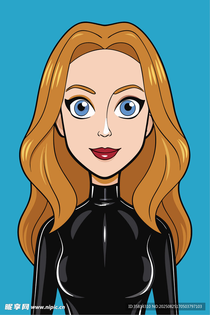红发黑衣的卡通女性形象