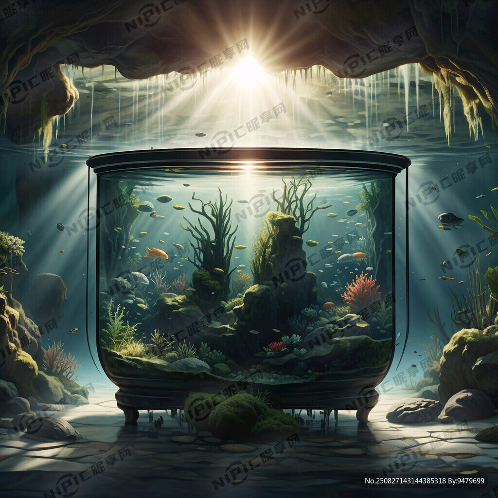 鱼缸背景画 上面有阳光照进来