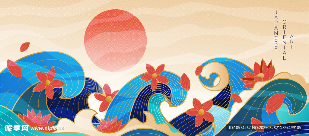 日式浮世绘风格海浪红日图