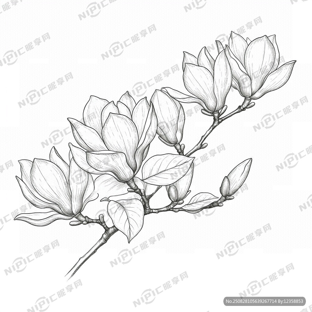 广玉兰 手绘 线条 白色背景