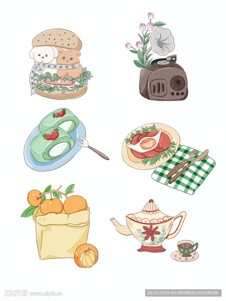 手绘美味早餐与茶具组合