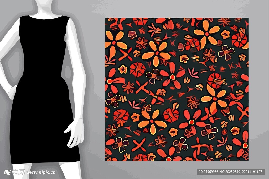 花卉图案黑色连衣裙面料