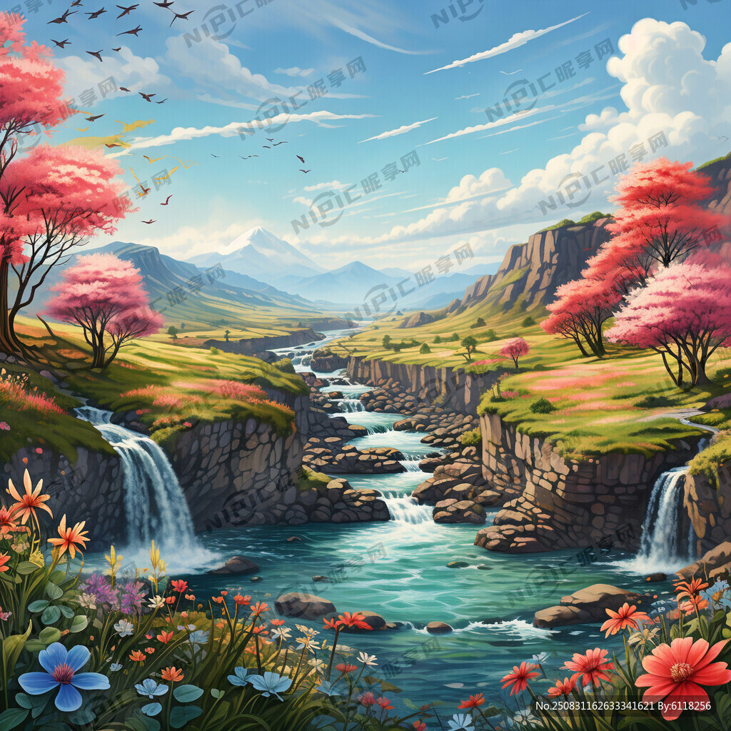 瀑布河流 平原草地 自然风光