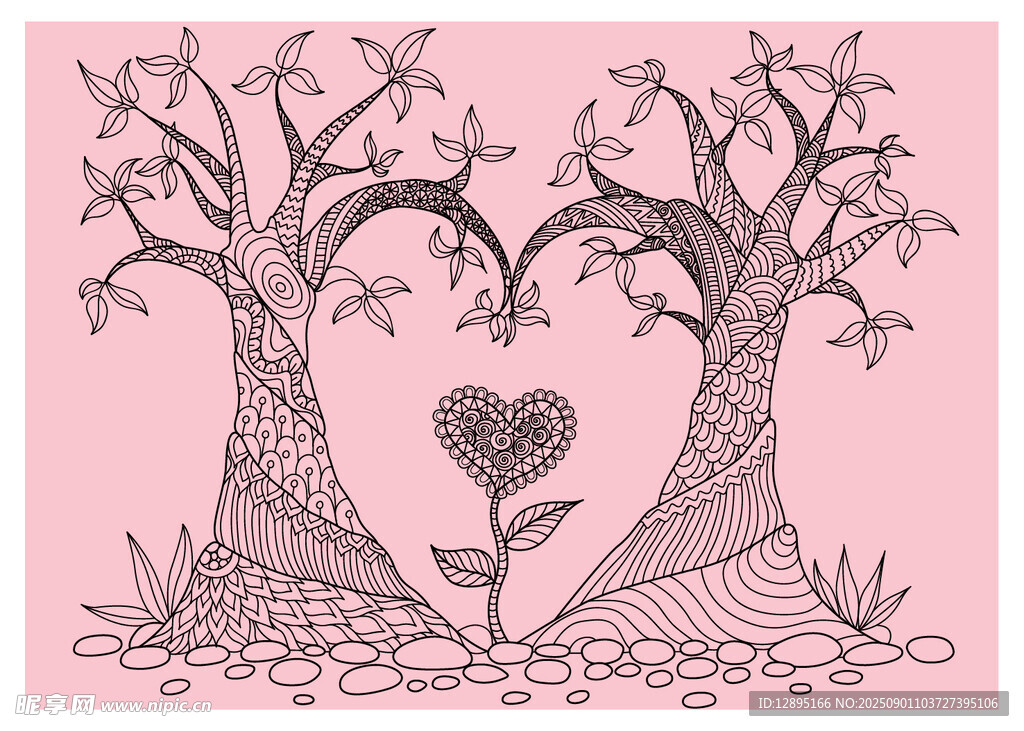 心形树间的浪漫花卉图案